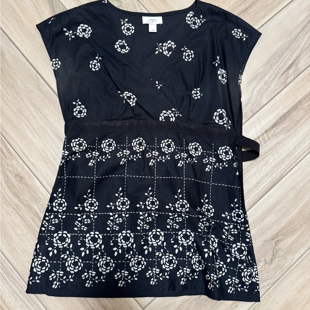 LOFT Black and White Floral Wrap-Style Blouse